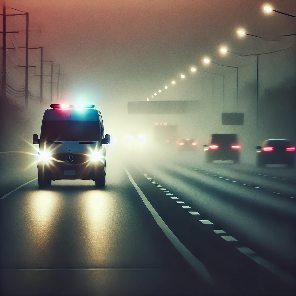 DALL·E 2025-03-02 19.07.44 - A somber highway scene at dawn, with a blurred van in the background and faint emergency lights. The atmosphere is misty, with soft morning light cast